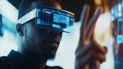 Future Tech Experience: An individual immersed in virtual reality, experiencing future technology, interacts with a holographic interface, exploring digital data.