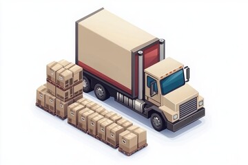 A delivery truck beside stacked cardboard boxes, illustrating logistics and transportation in a minimalist design.