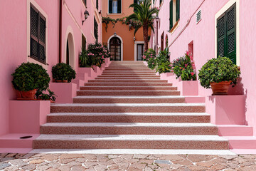 Obraz premium European Street with Pink Buildings and Elegant Stairs