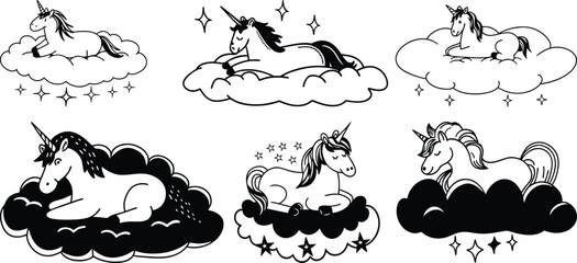 Cute unicorn resting on a cloud. coloring book
