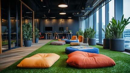 An office recreational space with artificial grass and cushions