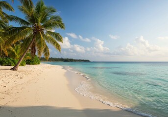 The serene beauty of a tropical beach is showcased in this image, with palm trees framing the turquoise water and white sand under a sunny sky