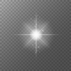 glow light effect. luminous element. a large star with a glow effect, iridescent sparks highlighted on a black background. vector transparent sunlight, lens flash effect or sun rays or spotlight flash