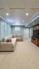 Fototapeta premium Spacious Basement Room in Calming Pastel Blue With Cozy Seating and Modern Decor. Generative AI