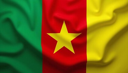 Naklejka premium Cameroon flag waving textile background. National Independence Day, Unity Day, Youth Day celebration. African patriotism and cultural identity concept. Copy space.