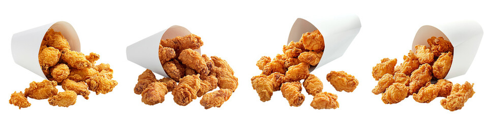 set of Golden fried chicken arranged in a white bucket, golden fried chicken, beautiful golden fried chicken in a white bucket, hot crispy fried chicken, on a transparent backgrounds