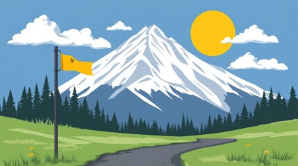 Fototapeta premium Pixelated mountain peak with snow and a road winding to the summit under bright sun minimal vector art for game design projects
