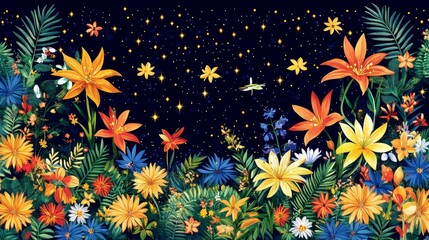 Obraz premium Enchanted night garden bloom starry sky floral fantasy whimsical botanical illustration dreamy wildflower meadow celestial background