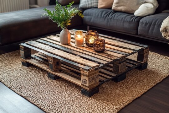Rustic Coffee Table Made from Wooden Pallets in Cozy Living Room - Powered by Adobe