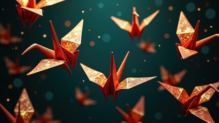 A surreal dance of weightless paper cranes, each one shimmering with metallic iridescence, gently drifting in an infinite expanse of darkness.