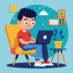 a boy is using his laptop vector