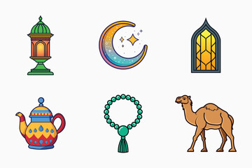 Islamic festival and traditional vector elements set in colorful flat isolated illustration for ramadan and eid