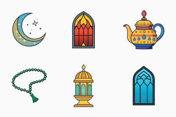 Fototapeta premium Islamic festival and traditional vector elements set in colorful flat isolated illustration for ramadan and eid