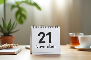 A calendar page flipping to November 21 , set in a cozy desk scene.