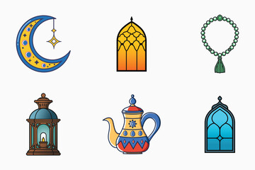 Islamic festival and traditional vector elements set in colorful flat isolated illustration for ramadan and eid
