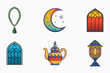 Islamic festival and traditional vector elements set in colorful flat isolated illustration for ramadan and eid