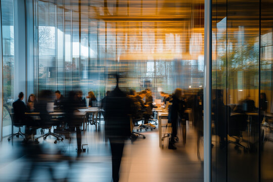 inside of office with a blurry image of many people in an office