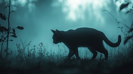 A cat silhouette walking through a misty forest at dawn. 