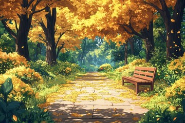 Obraz premium Serene Forest Trail With Golden Leaves and Inviting Wooden Bench. Generative AI