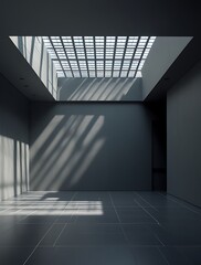 Obraz premium A dark, empty room with a glass ceiling, casting a grid-like shadow on the floor. The minimalistic and moody atmosphere gives a sense of isolation or modern architectural design.