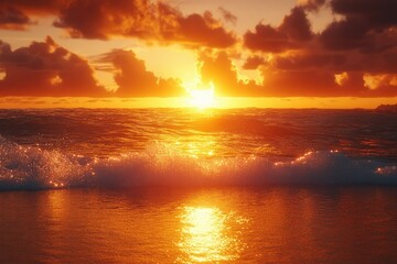Obraz premium Fiery Sunset Over Ocean Waves
