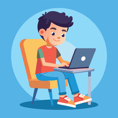 a boy is using his laptop vector