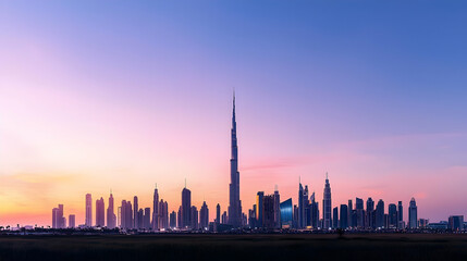 Obraz premium Dubai City Skyline Silhouette At Sunset With Purple And Orange Sky And Modern Architectural Buildings
