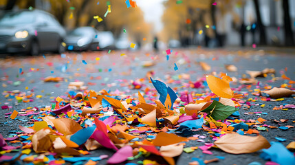 Fototapeta premium Colorful Confetti Falling on Street Asphalt with Autumn Leaves Background