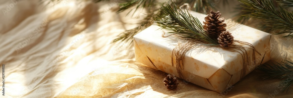 Poster beautifully wrapped gift decorated with pinecones and evergreen branches on a soft golden surface. g
