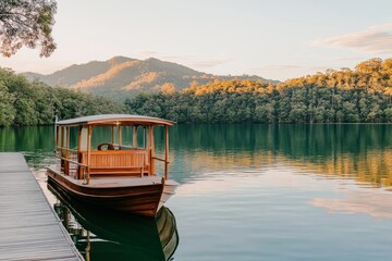 Fototapeta premium Serene Boat on Calm Lake Surrounded by Lush Green Mountains