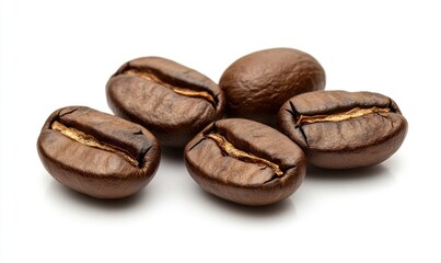 Fototapeta premium Close-up of four roasted coffee beans on white background.