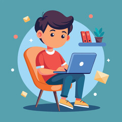 a boy is using his laptop vector