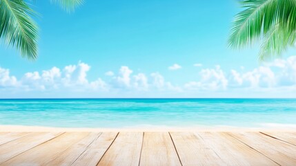 empty wooden walkway in the foreground, blurred sea in the background, copy space , for product presentation, summer