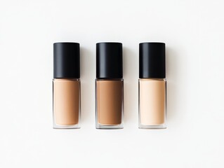 A collection of three foundation bottles in varying shades, arranged neatly in a row on a white background, with soft diffused lighting highlighting the color variations and sleek packaging.