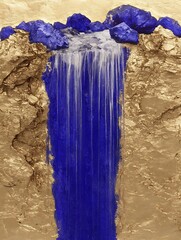 Surreal Waterfall with Golden Rocks and Azure Stones - Unique Art Piece