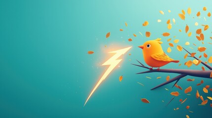 Obraz premium A cartoon bird perched on a tree branch, looking startled as a cartoon lightning bolt strikes the tree trunk, shaking the branches and sending leaves flying.