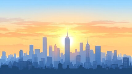Obraz premium Modern Cityscape at Sunrise Urban Skyline Vector Illustration Peaceful Urban Environment Background at Dawn City Life Concept