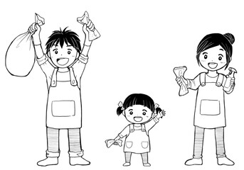掃除をする家族の全身イラスト　白黒　ベクター　親子