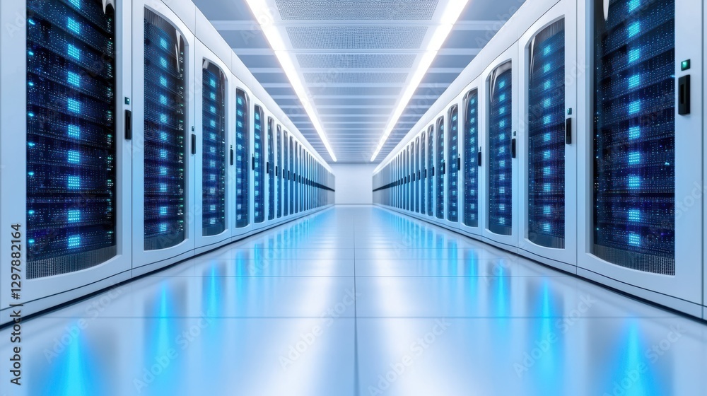 Poster a server room with rows of servers and network equipment, representing the physical infrastructure t