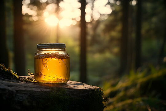 Golden elixir in a jar on a mossy log, bathed in the sunlight in forest