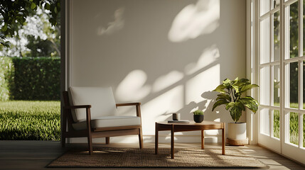 Bright Interior Living Room with Modern Wooden Furniture and Natural Daylight