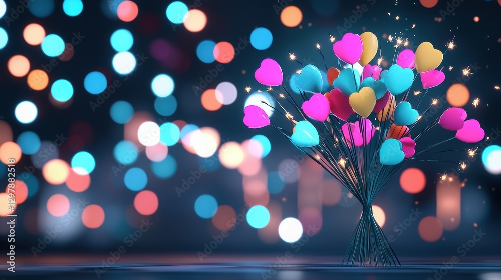 Wall mural multiple fireworks bursting in various colors and patterns, with a blurred bokeh effect of city ligh