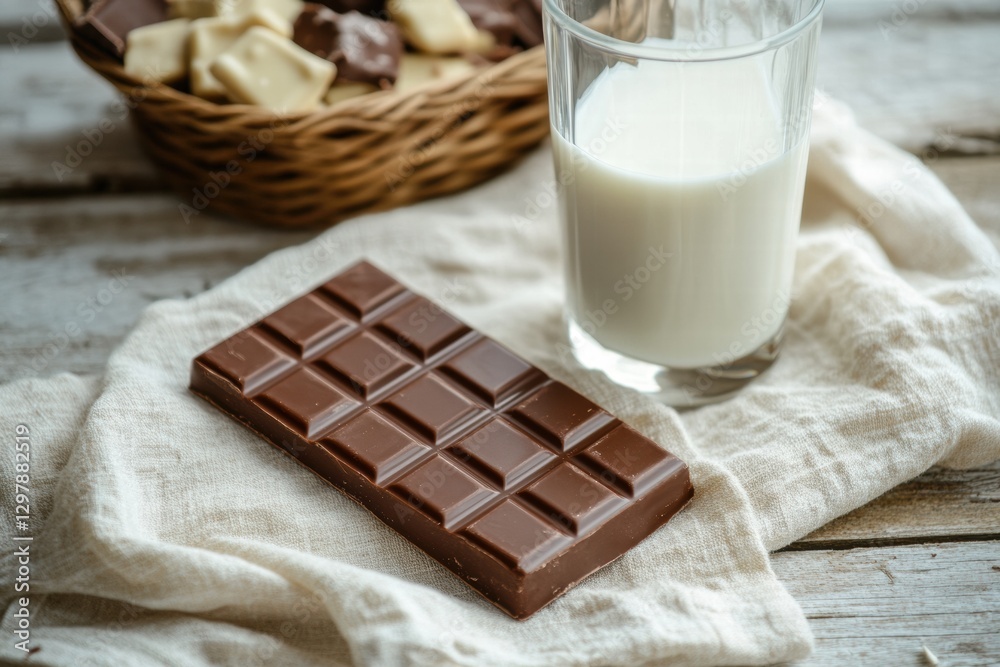 Poster delicious chocolate bar and chilled milk served on a rustic table with a woven basket of assorted ch