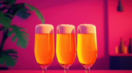 Three Elegant Beer Glasses with Foamy Tops Against a Colorful Background in a Modern Bar Setting