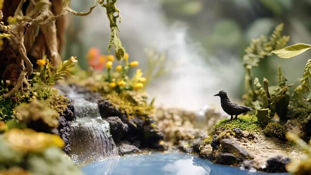 A beautifully detailed miniature scene of a lush forest with a small cascading waterfall, vibrant flowers, and a tiny bird perched on a mossy rock. The intricate craftsmanship creates a magical 