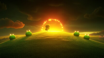 Enchanting meadow spectacle glowing orbs whimsical landscape fantasy artwork dreamlike ambiance magical nature illustration peaceful hill scene