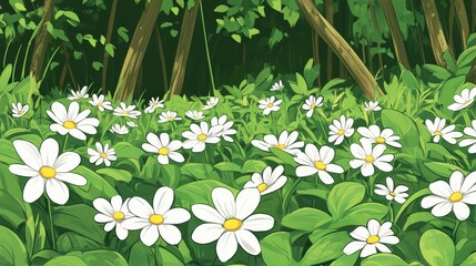 Animated floral scenery with blooming white flowers on green background, perfect for nature-themed artistic projects and digital compositions