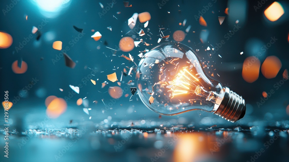 Wall mural a single light bulb exploding in a controlled environment, captured with high speed photography, rev