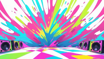 Vibrant Music Party Scene, Urban Studio, Digital Art, Colorful Background, Eye-Level View, Celebration Concept