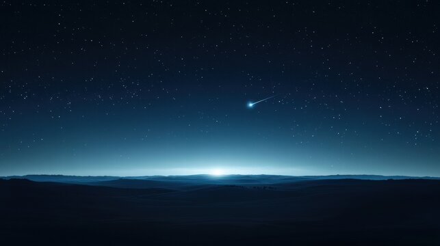 Night sky filled with stars capturing a bright meteor streaking above a serene horizon. Generative AI